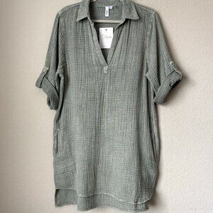 Elan Gauzy Cotton Split Neck Roll Sleeve Shirt Dress